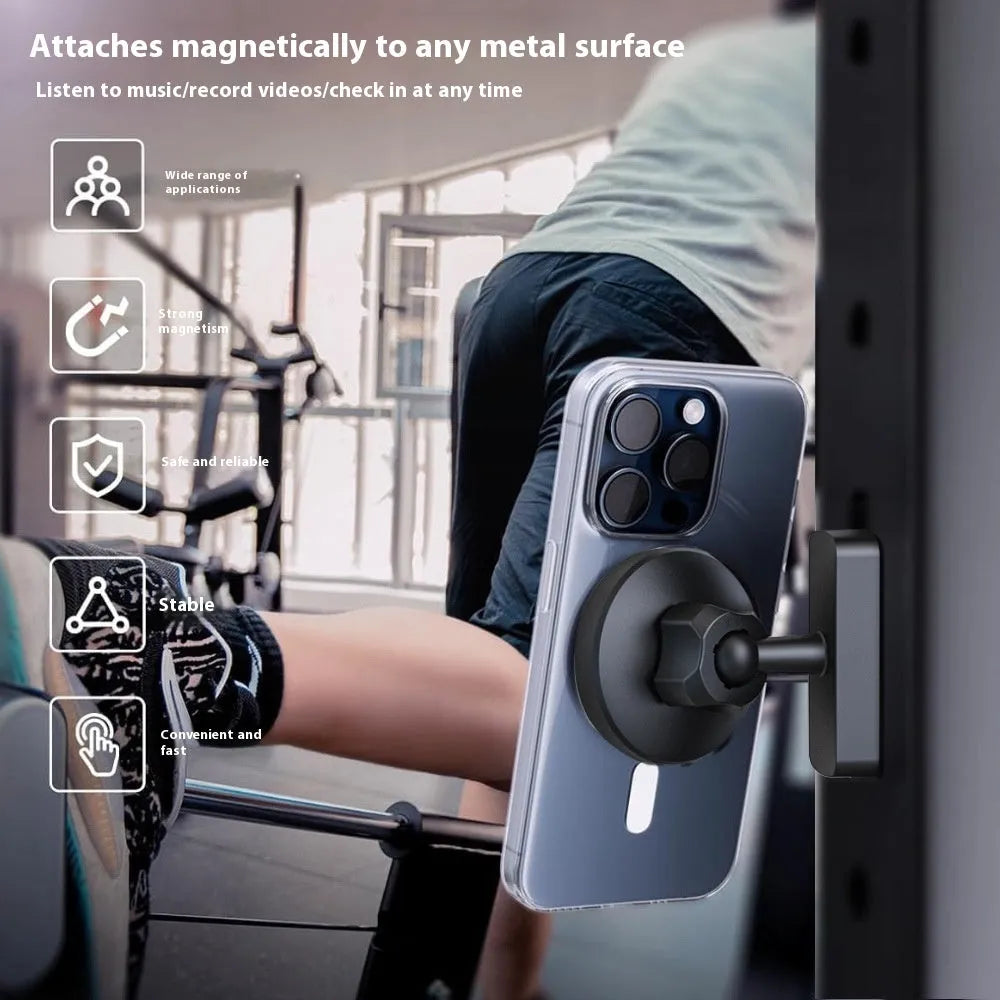 Magnetic suction mobile phone holder with silicone rubber bracket for car and gym use on iron surfaces.