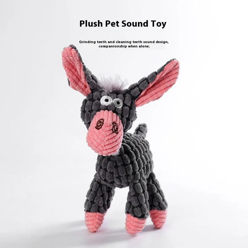 Soft plush dog toy shown as a pink grey donkey and a yellow rechargeable duck, for puppy teething and play.