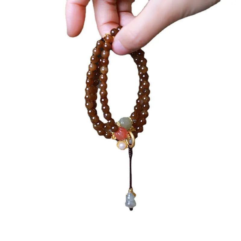 Brown jade Hetian jade three-ring bracelet with geometric design and silver-plated accessories