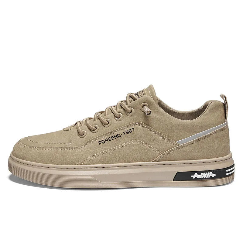 Men's khaki non-slip waterproof casual work sneakers with a round toe and rubber sole.