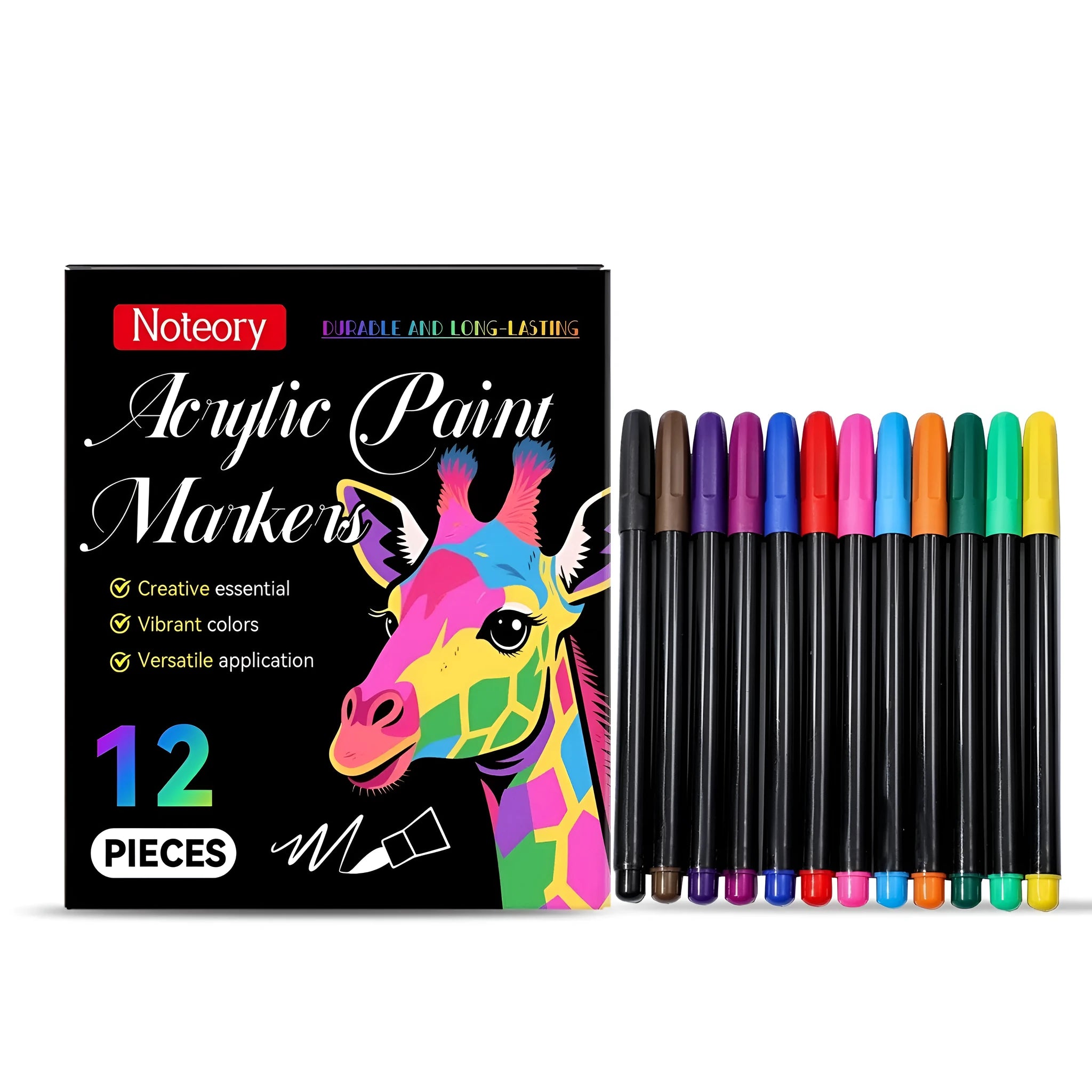 Set of 12 acrylic paint marker pens with medium bullet tips for crafts and DIY.