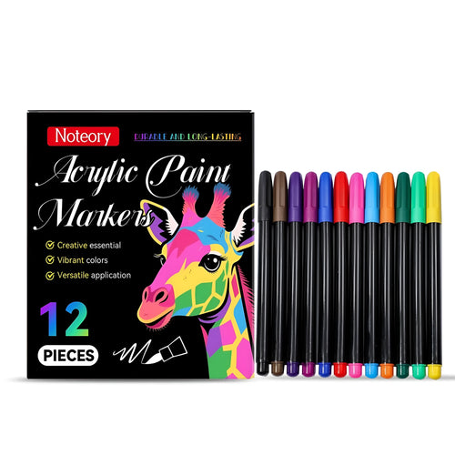 Set of 12 acrylic paint marker pens with medium bullet tips for crafts and DIY.