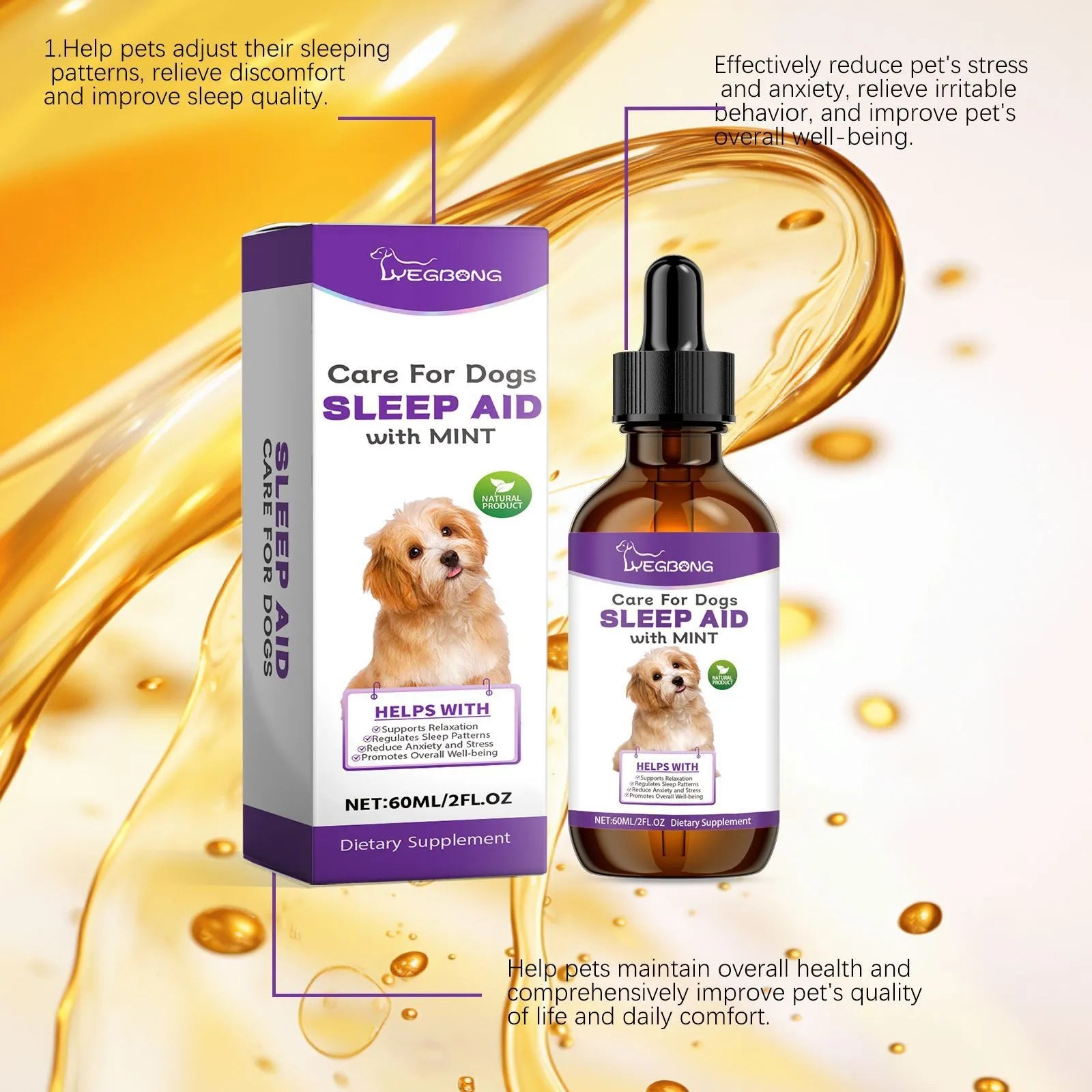 60ml dog sleep drops bottle with natural mint extract formula for canine rest support