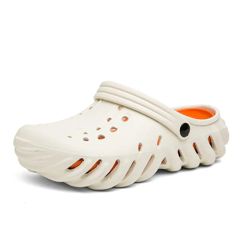 Men's beige EVA slipper sandals with hollow-out design and round toe on a non-slip sole.