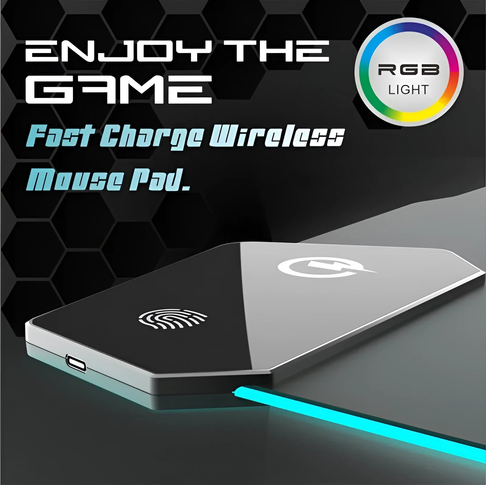 Large black gaming mouse pad with luminous edge lighting on a desk.