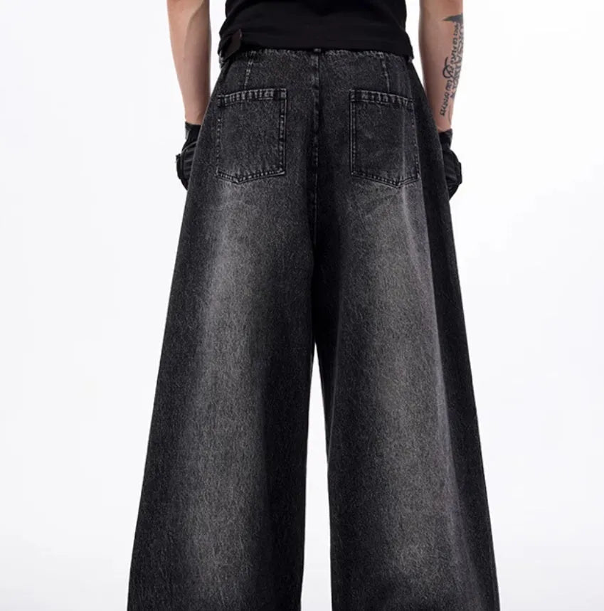Korean style washed denim wide leg pants with matching waistcoat in black and grey colour