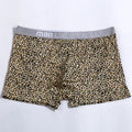 Men's loose leopard print underwear in milk silk polyester fabric showing mid-waist design