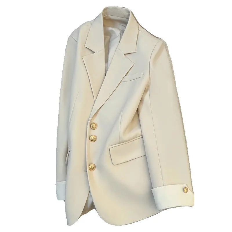 Milky white loose-fit mid-length women's coat with long sleeves and pockets on a hanger.