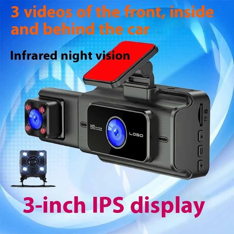 Black three-lens dashboard camera with 3-inch screen for front windshield installation