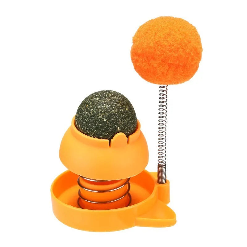Automated lucky cat cat toy with rotating mint ball in blue, orange and pink colours