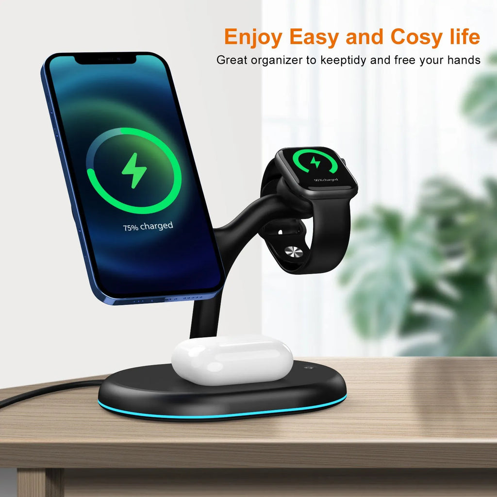 Black three-in-one magnetic wireless charger showing compact ABS body on a desk.