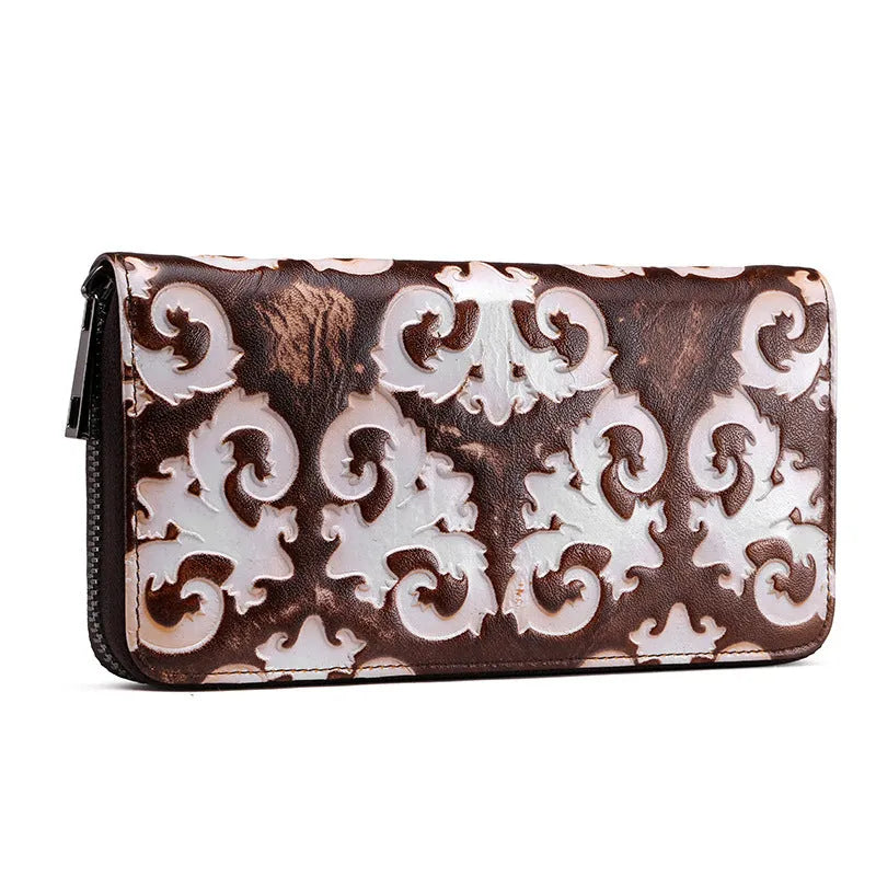 Brushed genuine leather women's retro wallet in brown white with embossed floral pattern and horizontal square shape.