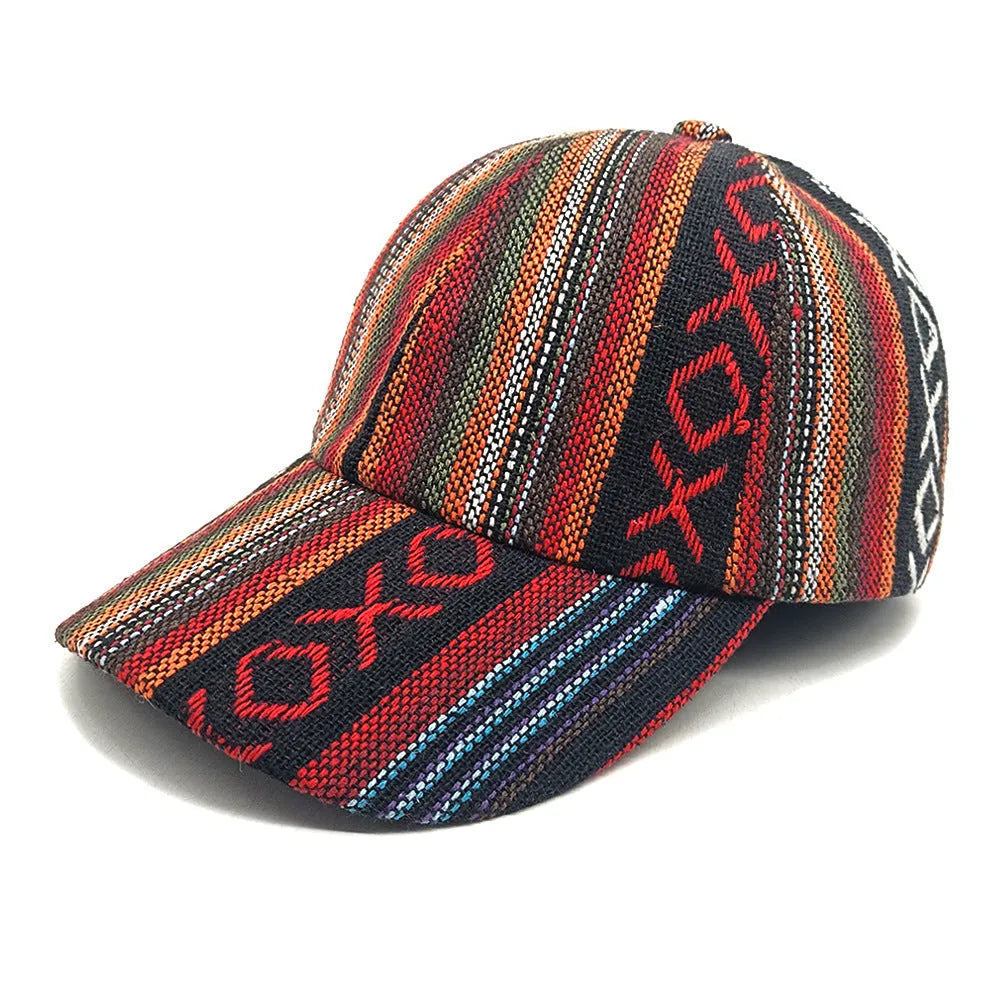 A woman's bohemian-style baseball cap with a dome crown, shown in one of eight available colours.