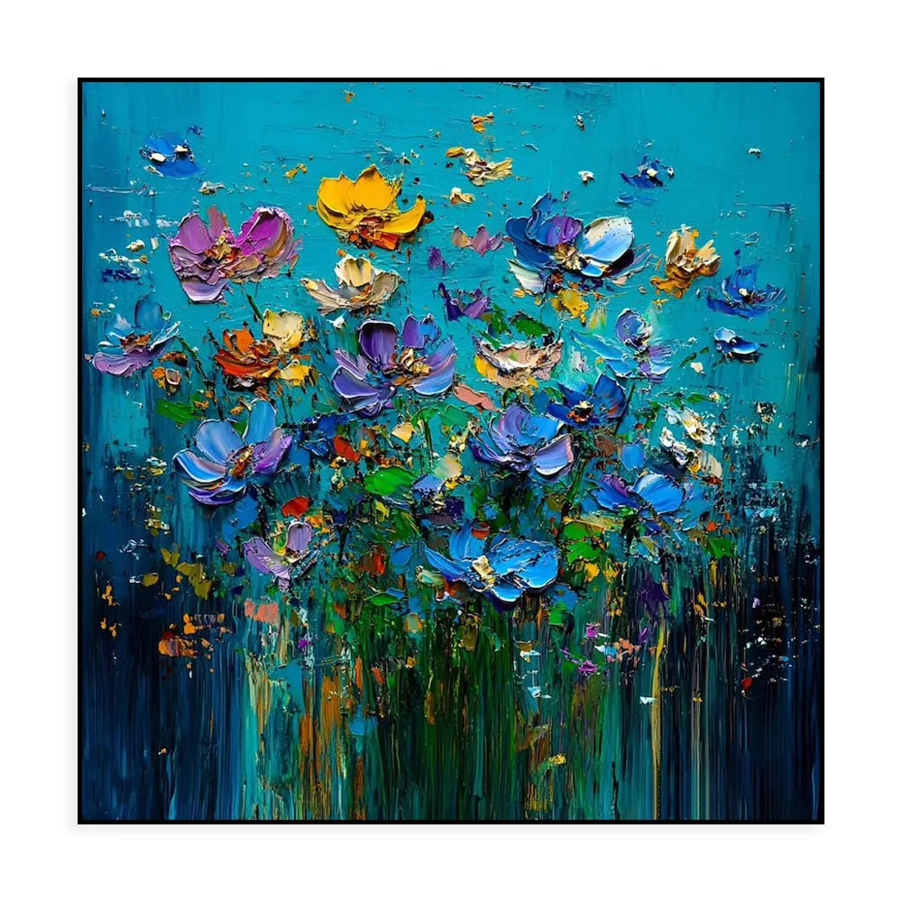 Hand-painted modern floral knife flower oil painting on square canvas without frame, textured 3D design, 100cm size