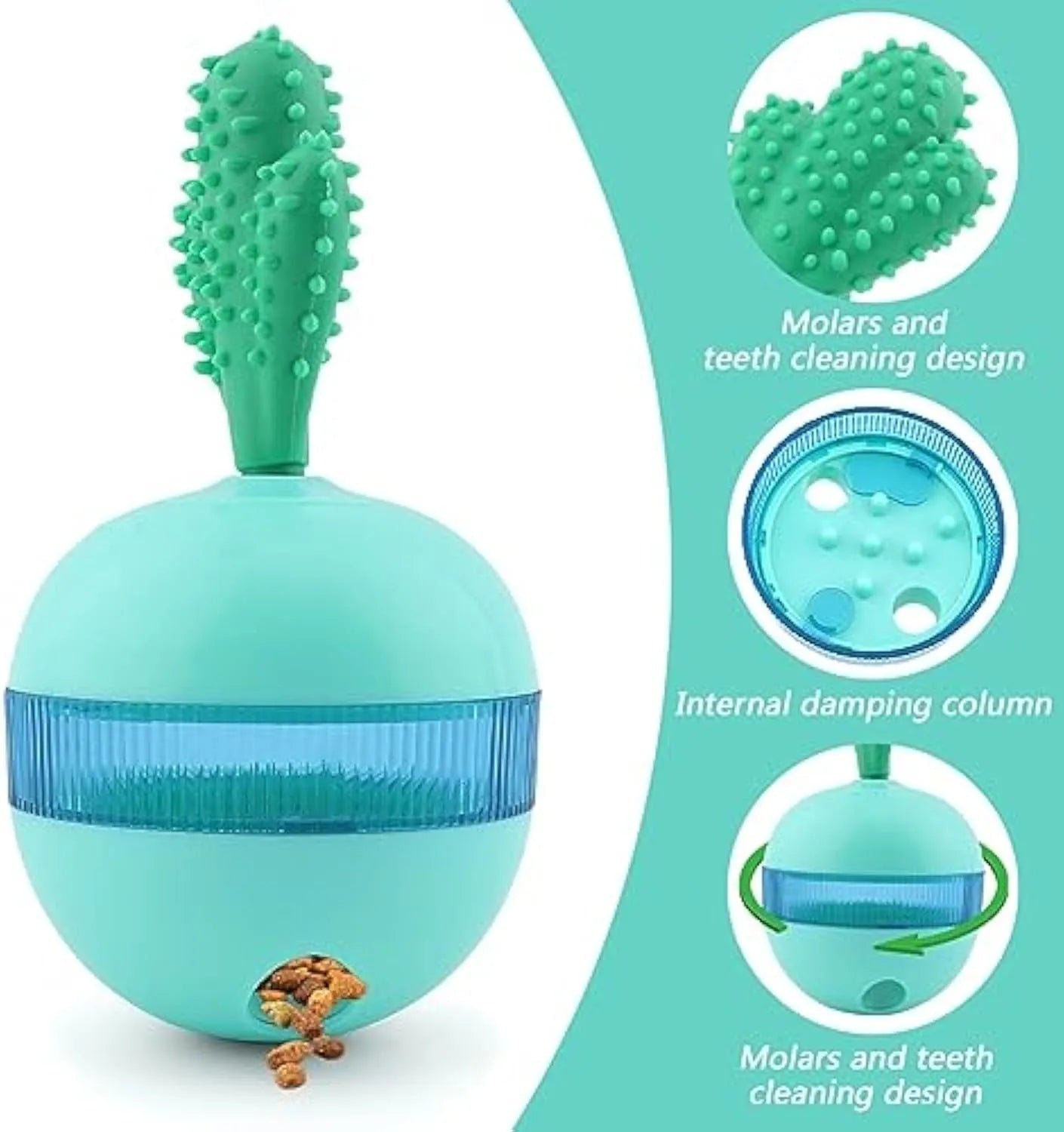 Blue and green durable rubber interactive treat dispensing tumble ball dog toy with small holes