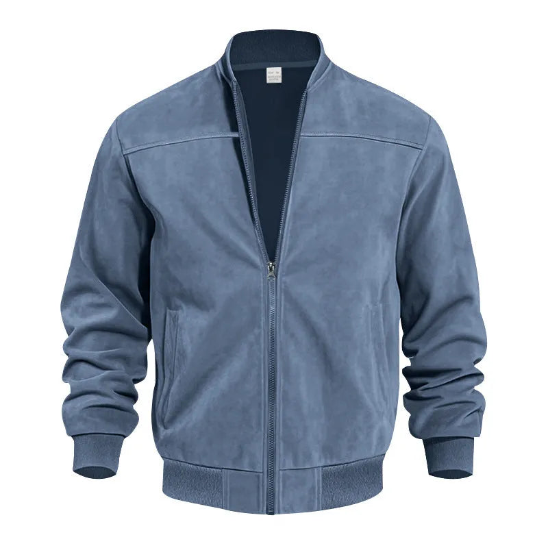 Men's army green suede casual jacket with a front zipper, shown on a model.