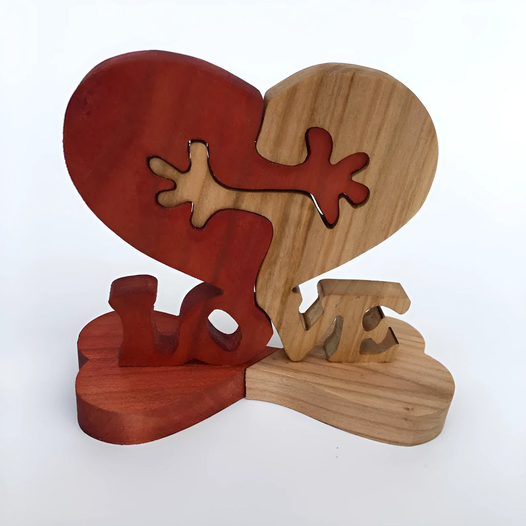 Wooden heart love desktop ornament with engraved modern minimalist geometric design in colour A, 10x13x2cm