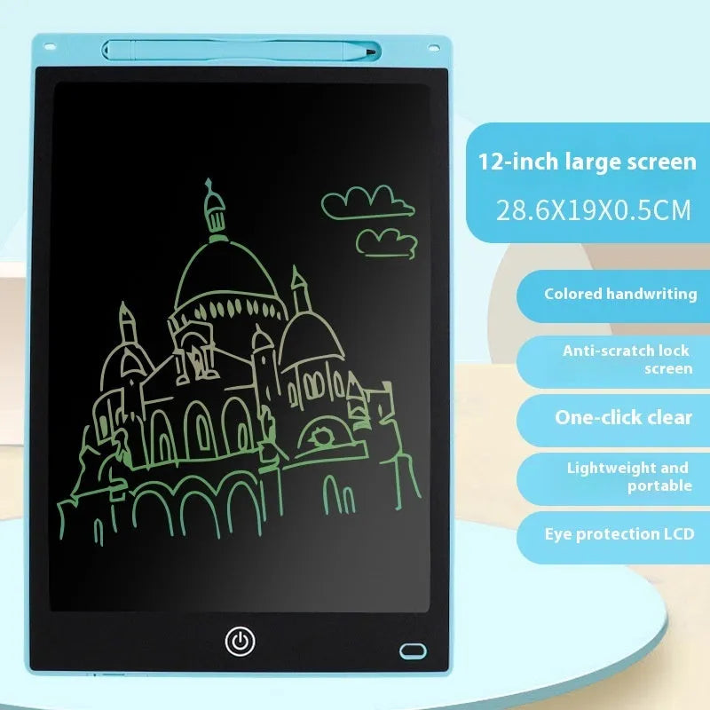 LCD drawing tablet with plastic stylus on colour screen showing child's drawing