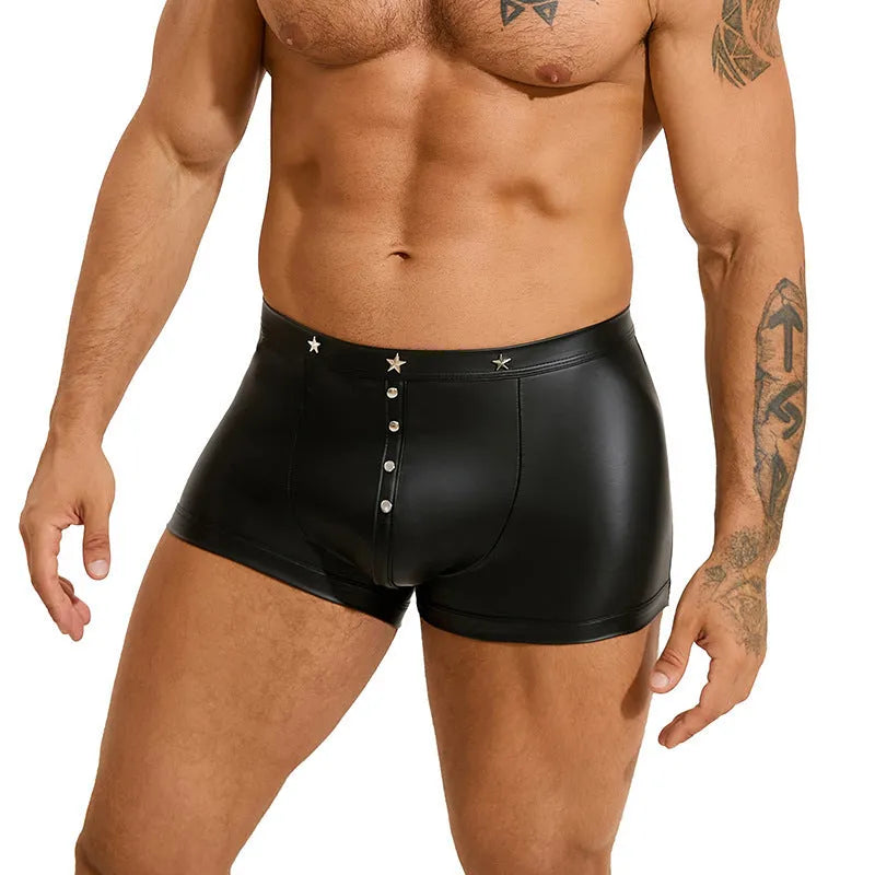 Black men's PU leather boxer shorts with U-pouch front design showing smooth texture