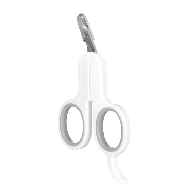 Grey and pink pet nail clippers with curved safety tips and a rubber-coated handle for trimming cat and small dog claws.