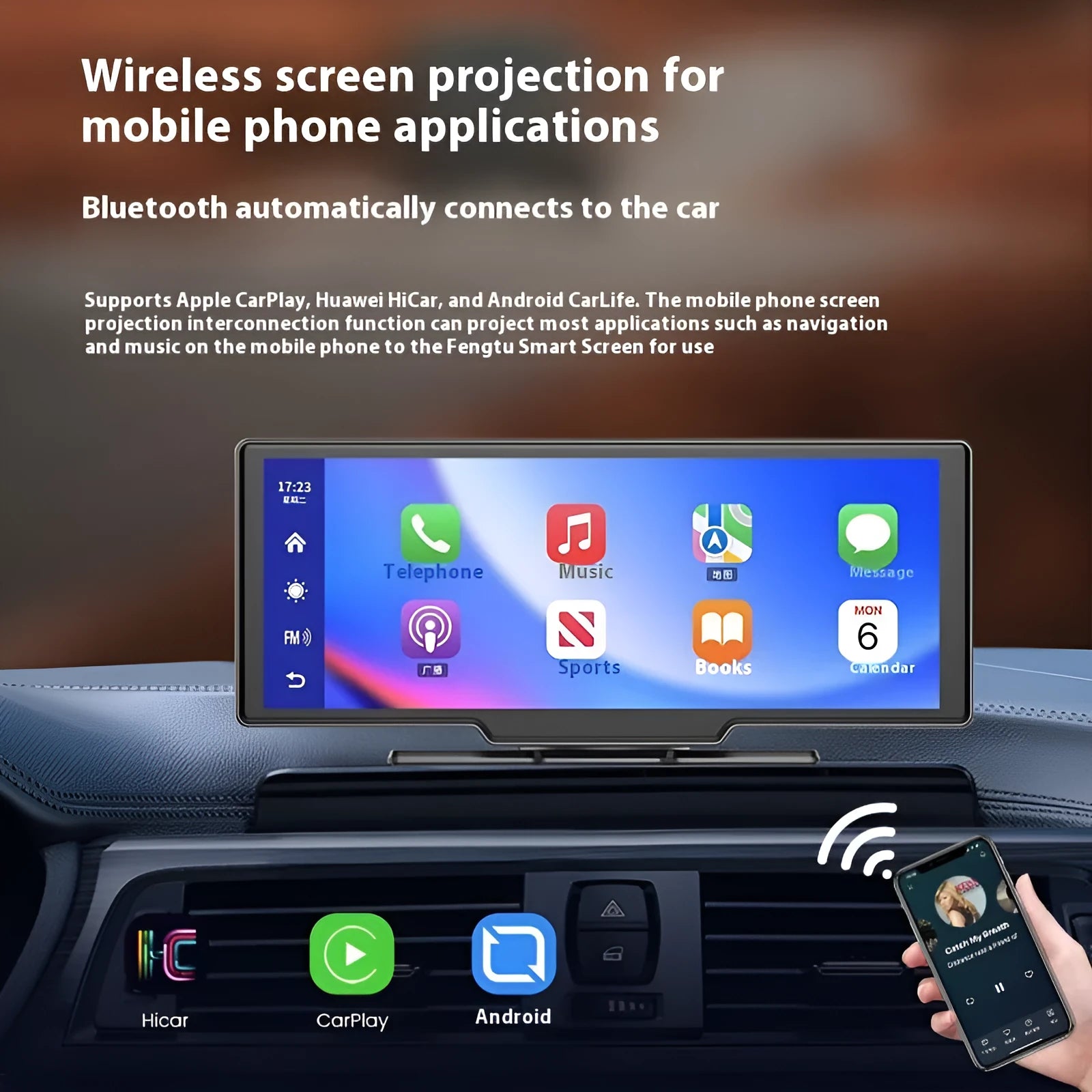 10-inch Carplay car smart screen and driving recorder with rear view camera on dashboard