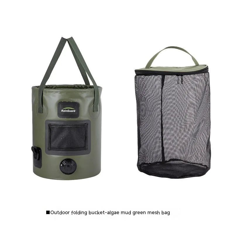 Lemon yellow plastic folding fishing bucket with a built-in mesh net pocket, shown collapsed and fully expanded.