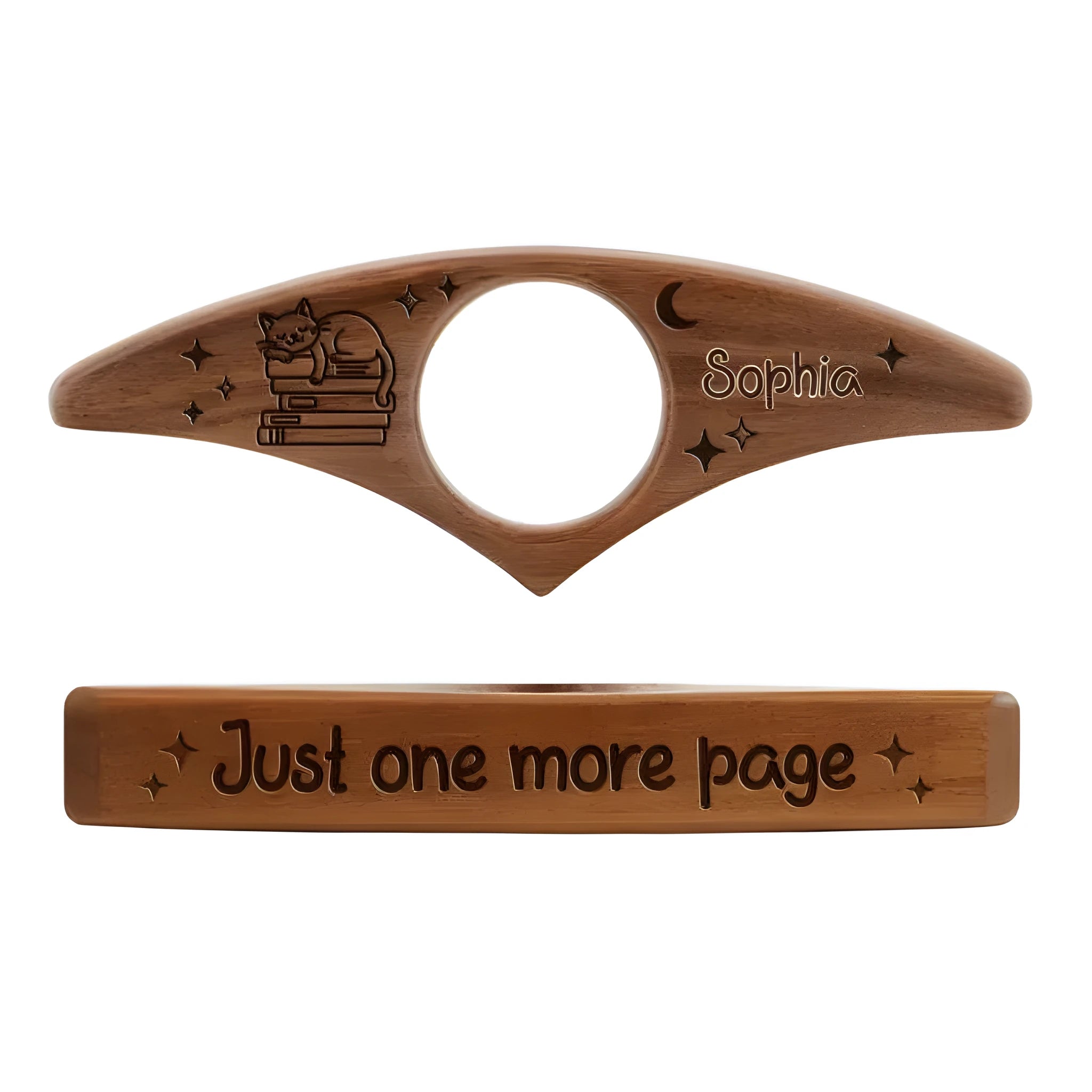 Handmade wooden thumb bookmark ring in beech wood with antique-style finish on an open book