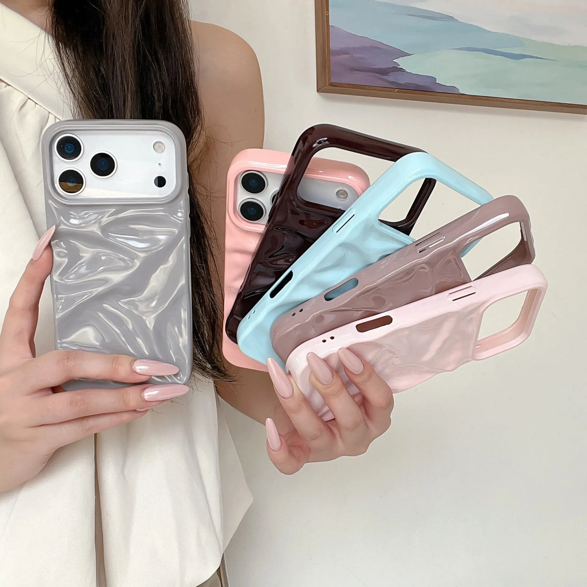 Oil filled pleated PC soft shell phone case for iPhone showing texture and colour options