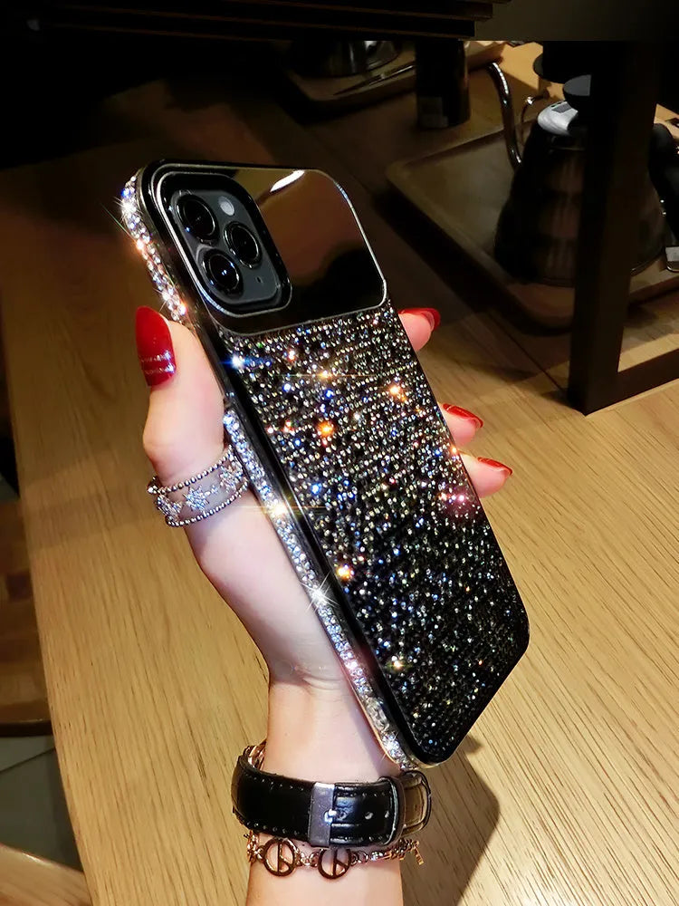 Gradual rhinestone silicone protective case for iPhone in gradient blue colour with sparkle pattern
