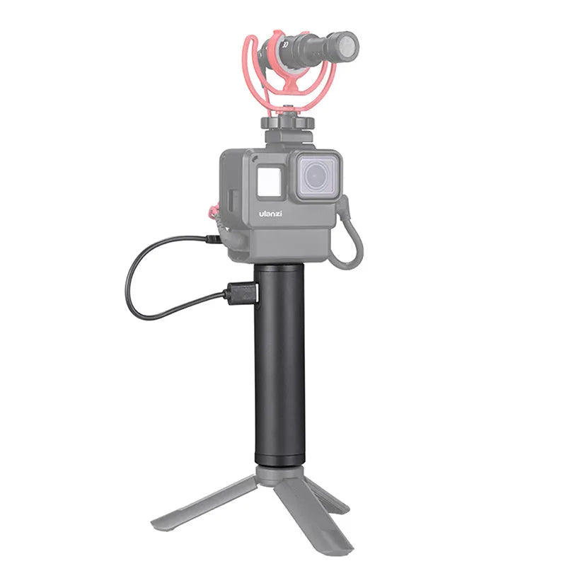 Black aluminium alloy portable power bank charging handle with integrated carry handle.