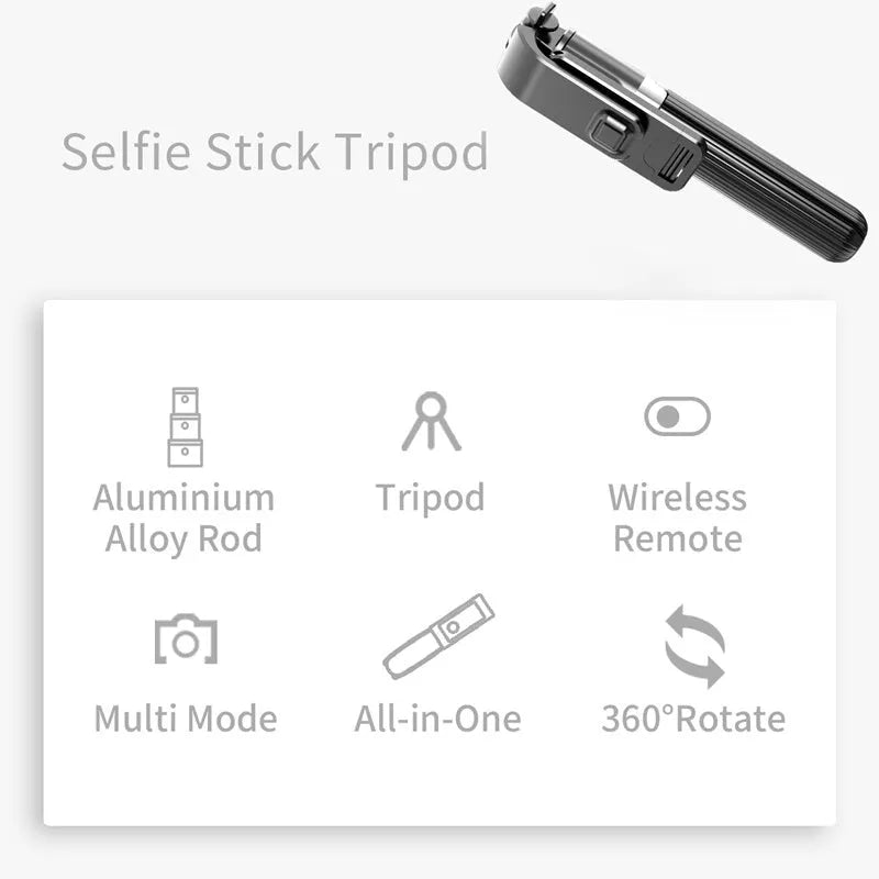Black aluminium alloy iPhone tripod selfie stick fully extended to 700mm next to a smartphone.