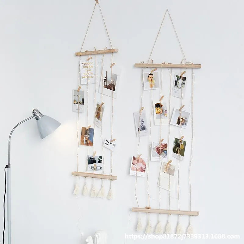Wooden wall hanging photo display with hemp rope tassels and clips in three size options