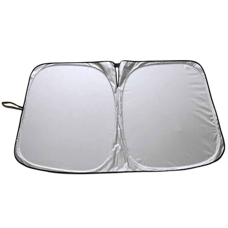 Aluminium foil car sunshade in titanium silver, shown in a rectangular shape for windscreen coverage.