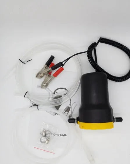 Yellow 12V electric self-priming pump with 2.5m battery clamps and hose set for diesel or oil transfer