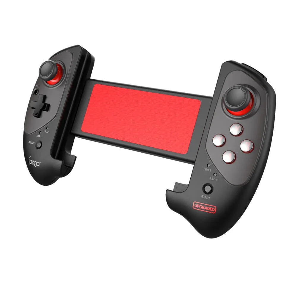 Red telescopic Bluetooth gamepad controller with USB cable for Android, iOS, and PC gaming