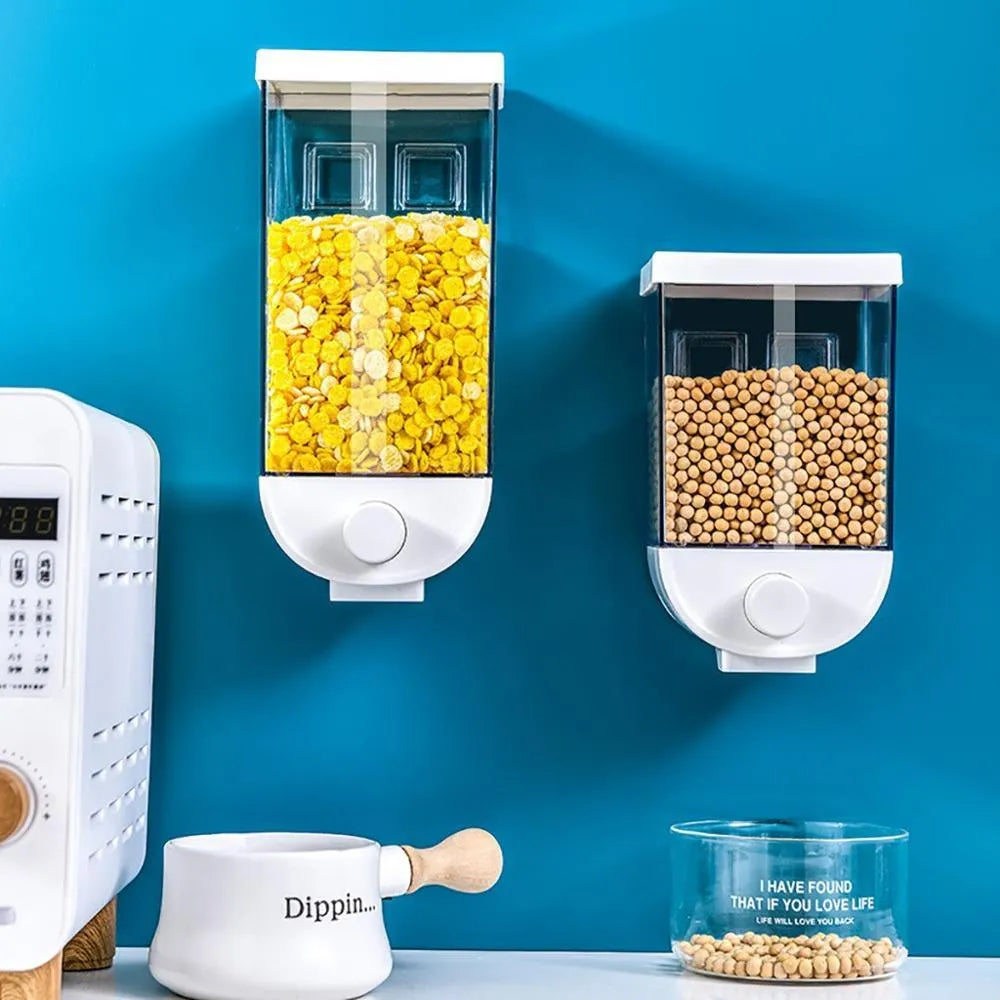 White transparent wall-mounted kitchen cereal dispenser storage box with easy-press lid
