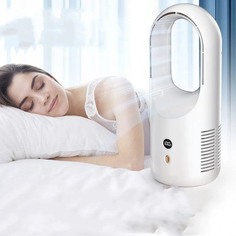 White USB rechargeable bladeless desktop fan with LED display on a wooden desk.