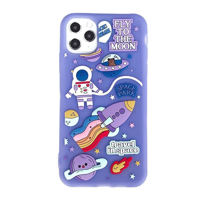 Purple silicone phone case with 3D astronaut and rocket design for Apple iPhone