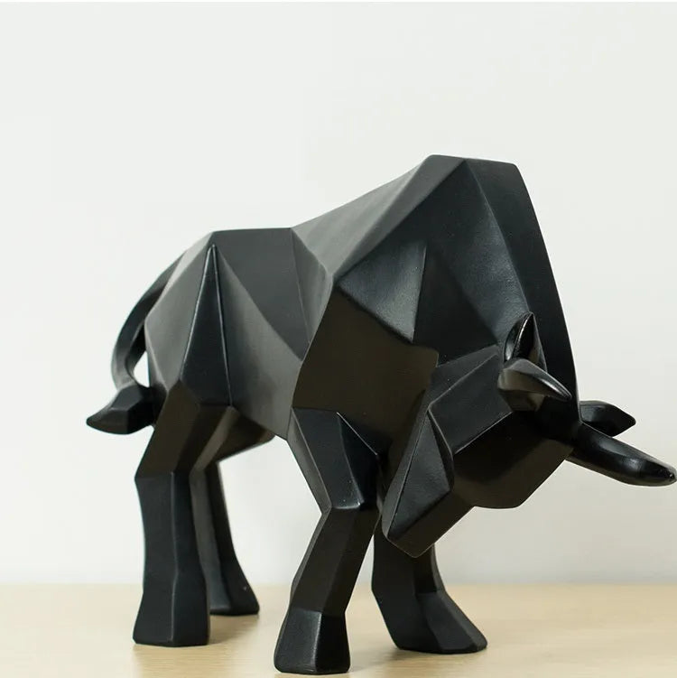Black geometric resin bull sculpture on a shelf, abstract bison statue for modern home decor
