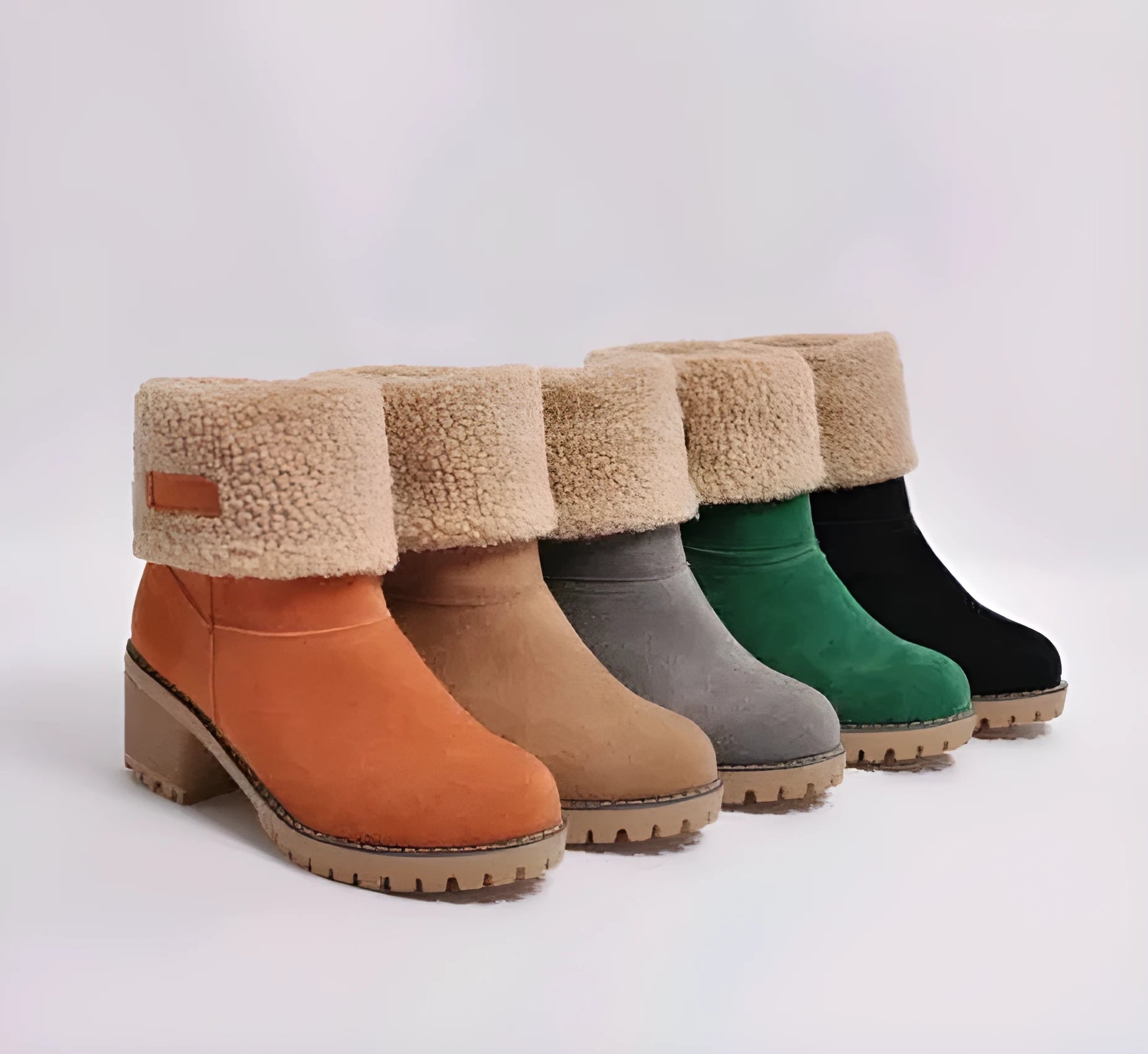 Women's suede mid-calf snow boots with thick flat sole in black, shown from the side.