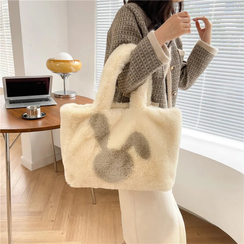 Cartoon rabbit ears plush shoulder shopping bag in solid colour with large capacity