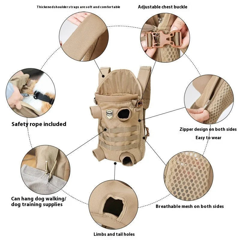 Khaki polyester pet backpack for medium dogs with breathable design