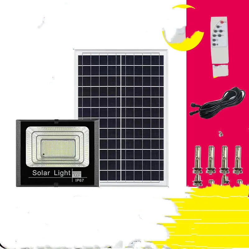 Black solar-powered LED flood light for outdoor garden and security use with remote control.