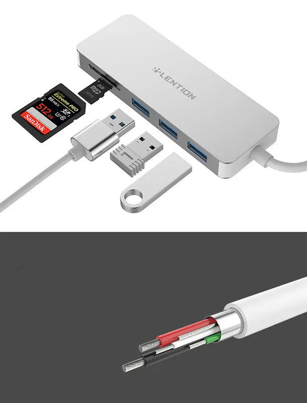 USB 3.0 hub multi-function card reader with three USB ports, SD slot, and TF slot on desk