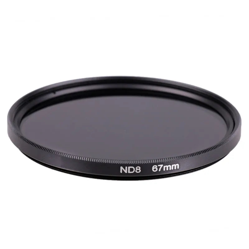 Digital camera ND8 filter in an aviation aluminium frame, shown with lens size markings.