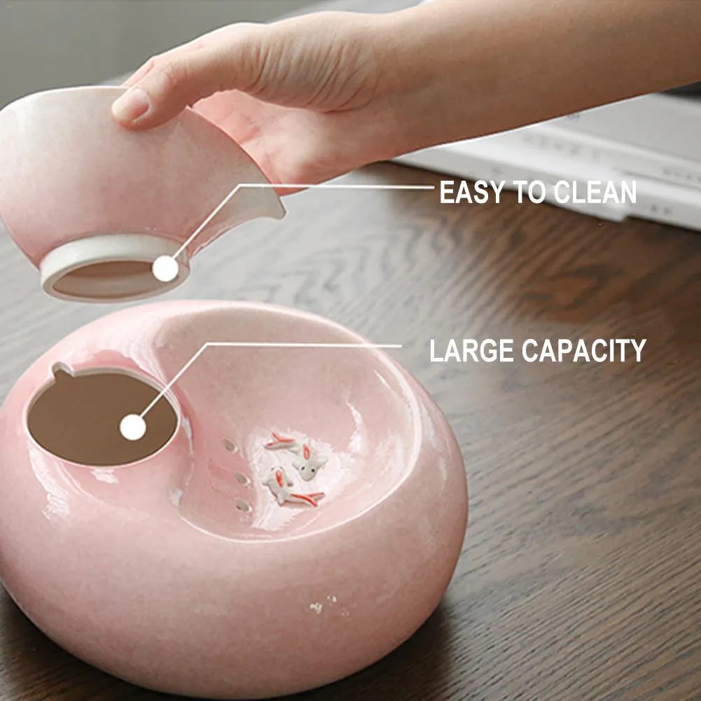 White and pink porcelain leaf automatic cat water dispenser with EU or US plug option