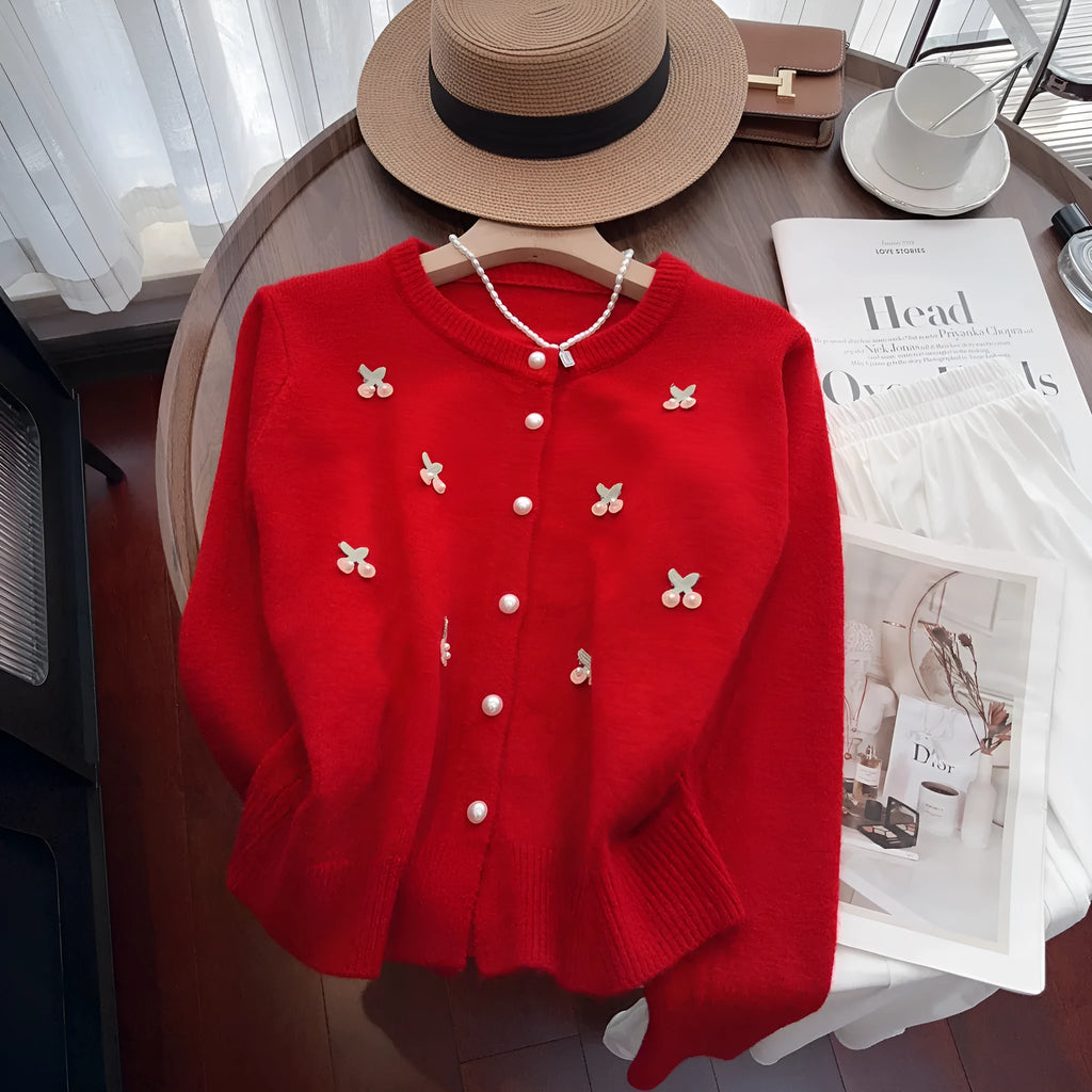 Soft cashmere blend cardigan sweater coat for women in free size 80-120 with beaded embellishments and round neck