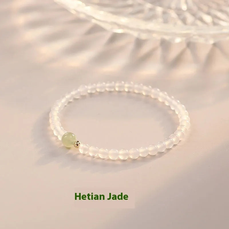 Natural Hetian jade and white agate women's bracelet with 15cm length in New Chinese style.