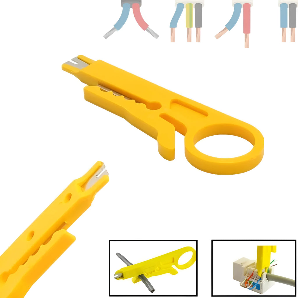 Yellow mini portable wire stripper with 0.6mm stripping diameter and snap-in metal blade holder