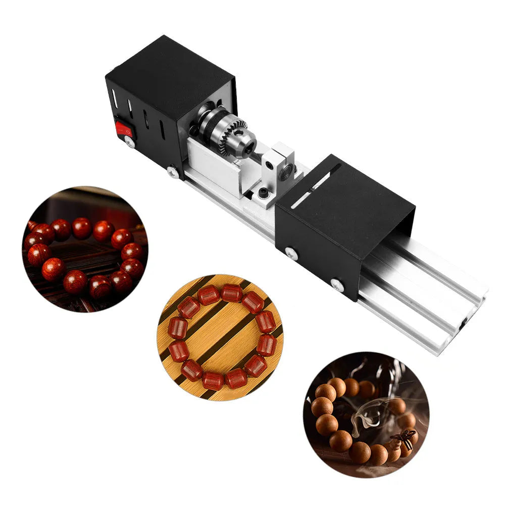 Mini metal silver woodworking lathe with 140mm processing capacity and six carving knives